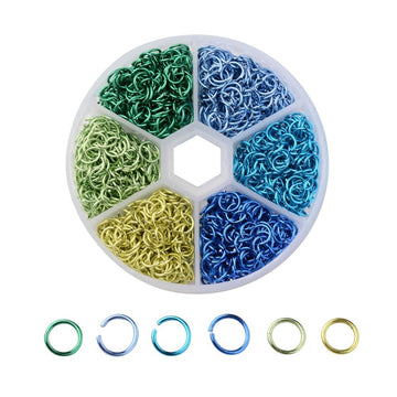 1 box (1,080 pcs), 6x0.8mm, 6 Colors Aluminum Wire Open Jump Rings  in Green Blue Shades Mixed Color